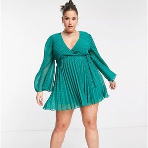 ASOS DESIGN Curve Green textured pleated wrap mini dress